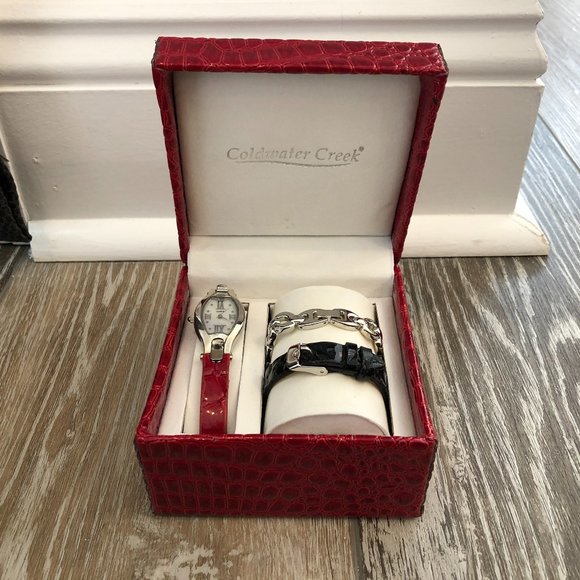 NIB  Coldwater Creek Wristwatch Set Interchangeable Straps & Silver Tone Chain - Picture 1 of 7